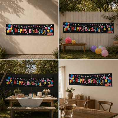 Banner aniversar cu imprimeu Happy Birthday colorat și baloane - CraftUp