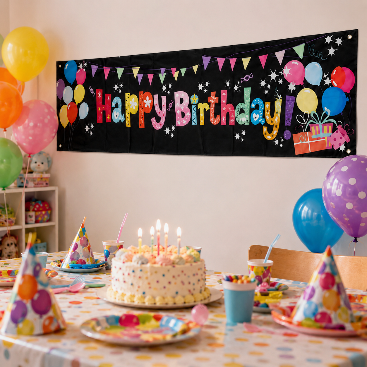 Banner aniversar cu imprimeu Happy Birthday colorat și baloane - CraftUp