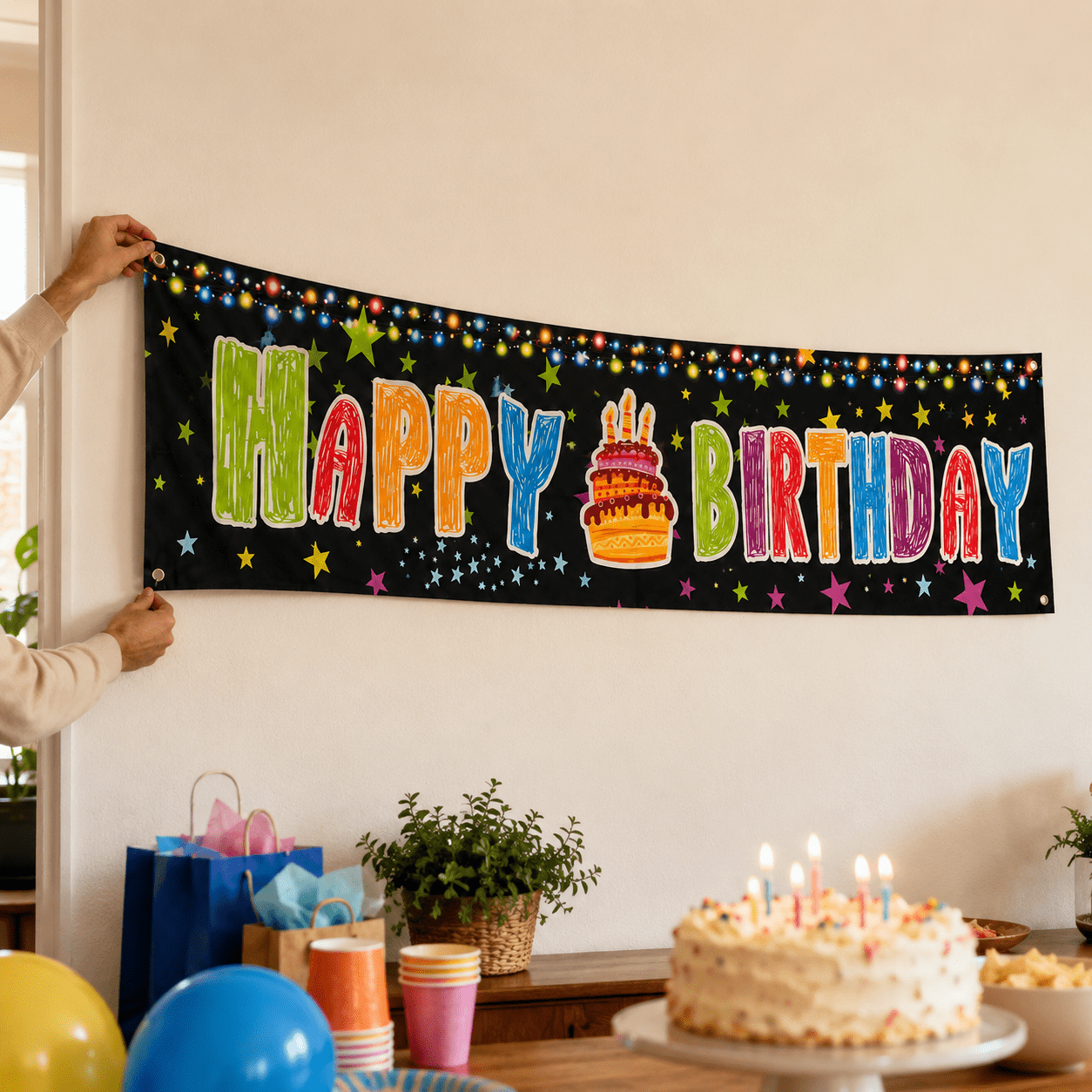 Banner aniversar cu imprimeu Happy Birthday colorat și steluțe - CraftUp