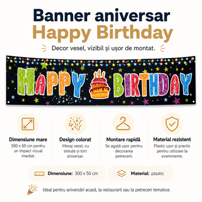Banner aniversar cu imprimeu Happy Birthday colorat și steluțe - CraftUp