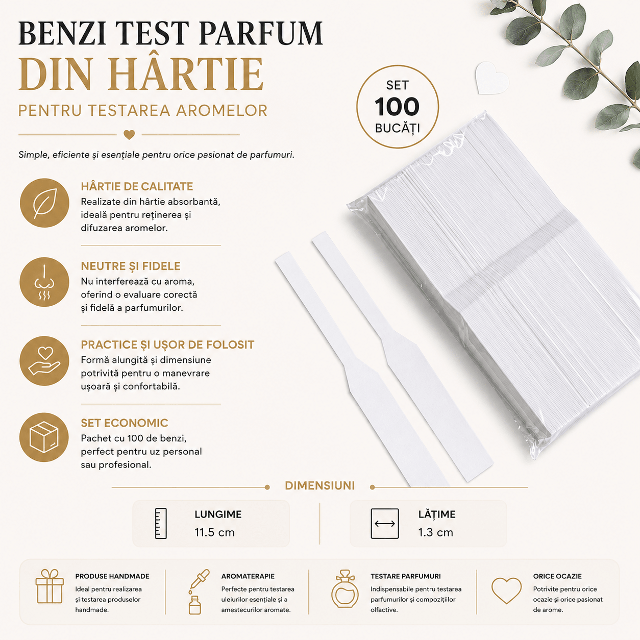Benzi test parfum din hârtie - alb (set 100 buc) - CraftUp