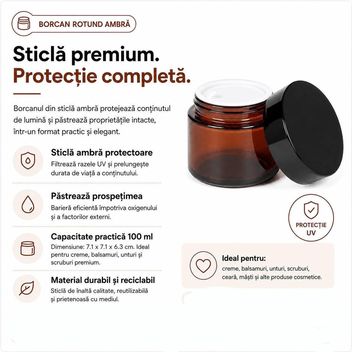 Borcan rotund ambră cu capac negru 100ml - CraftUp