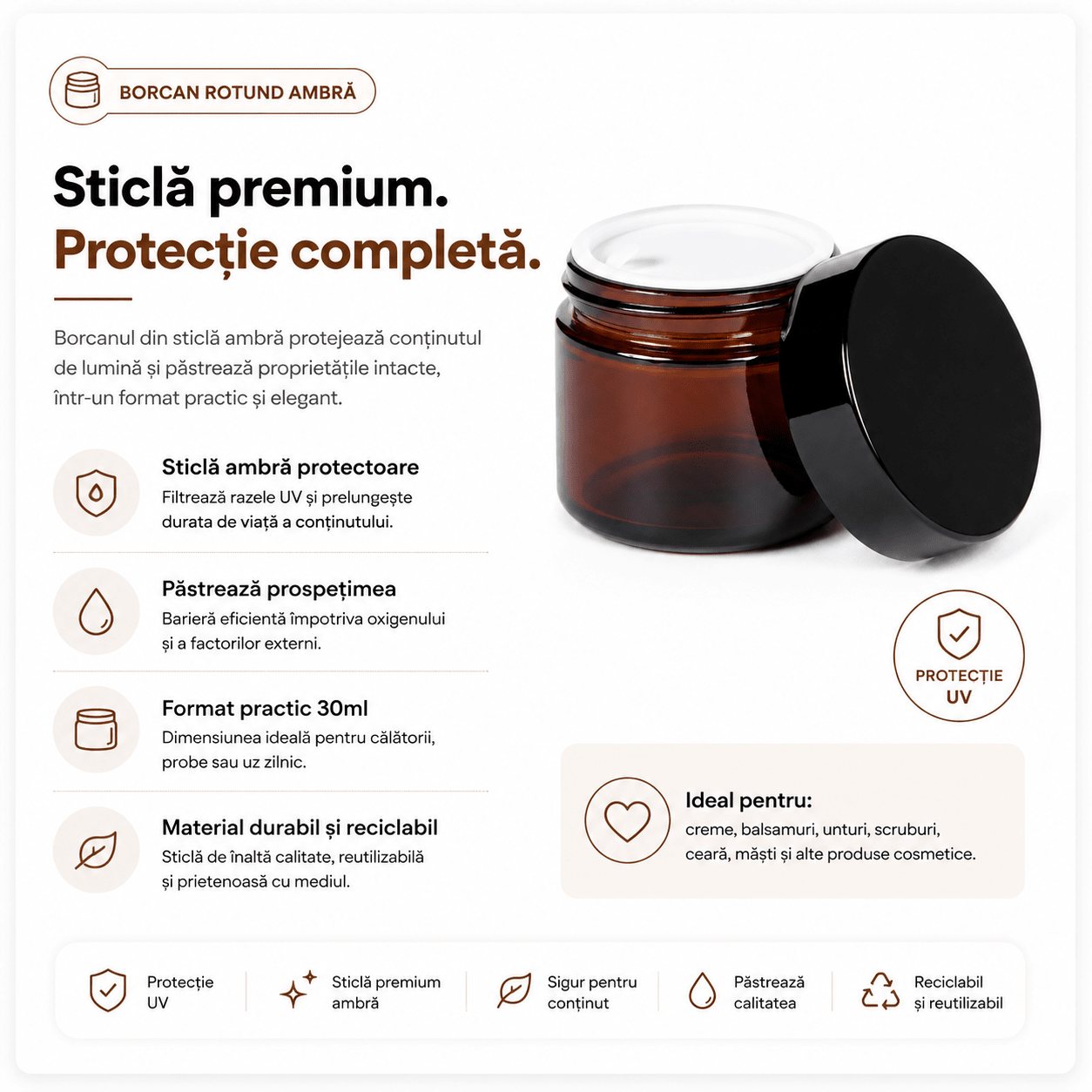 Borcan rotund ambră cu capac negru 30ml - CraftUp