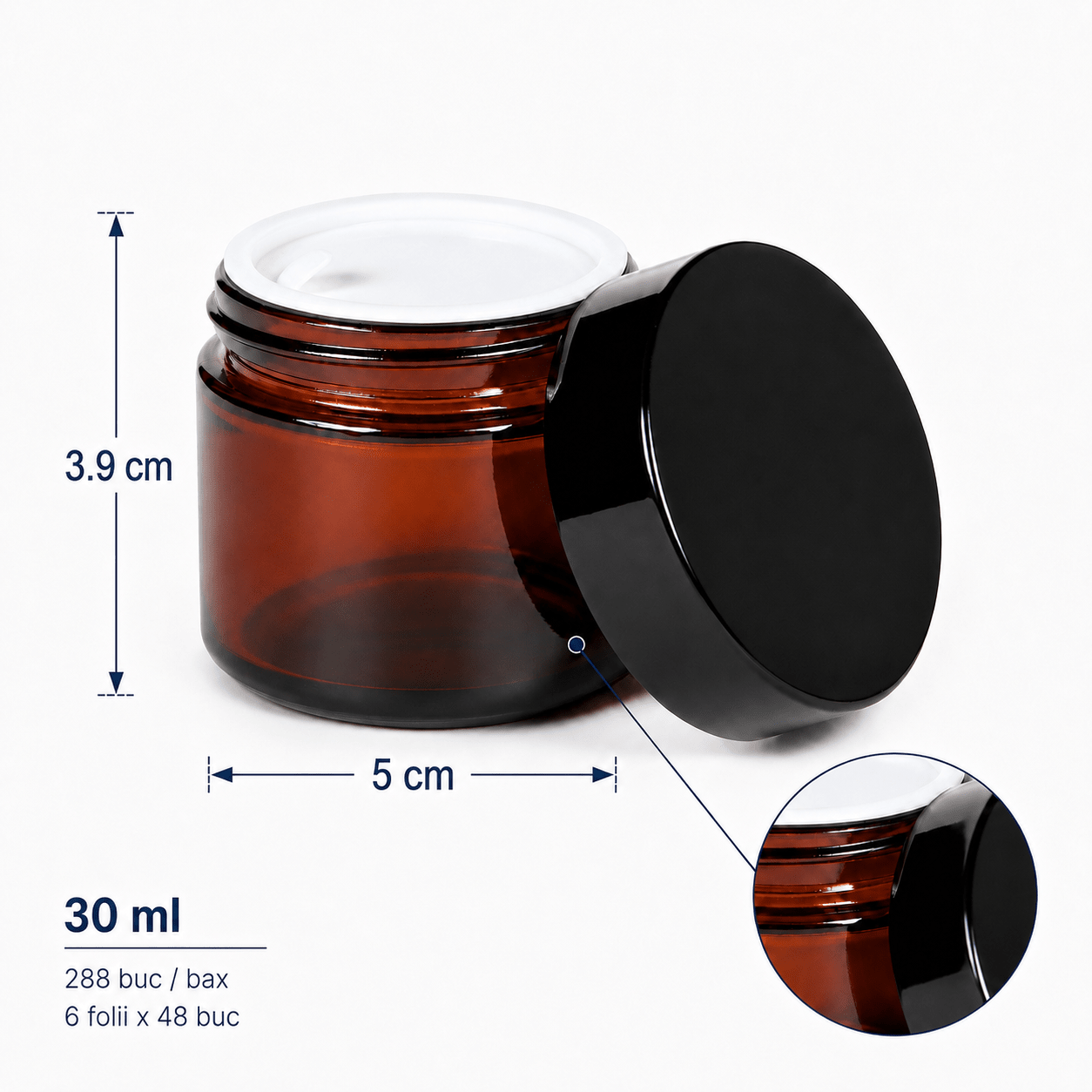 Borcan rotund ambră cu capac negru 30ml - CraftUp