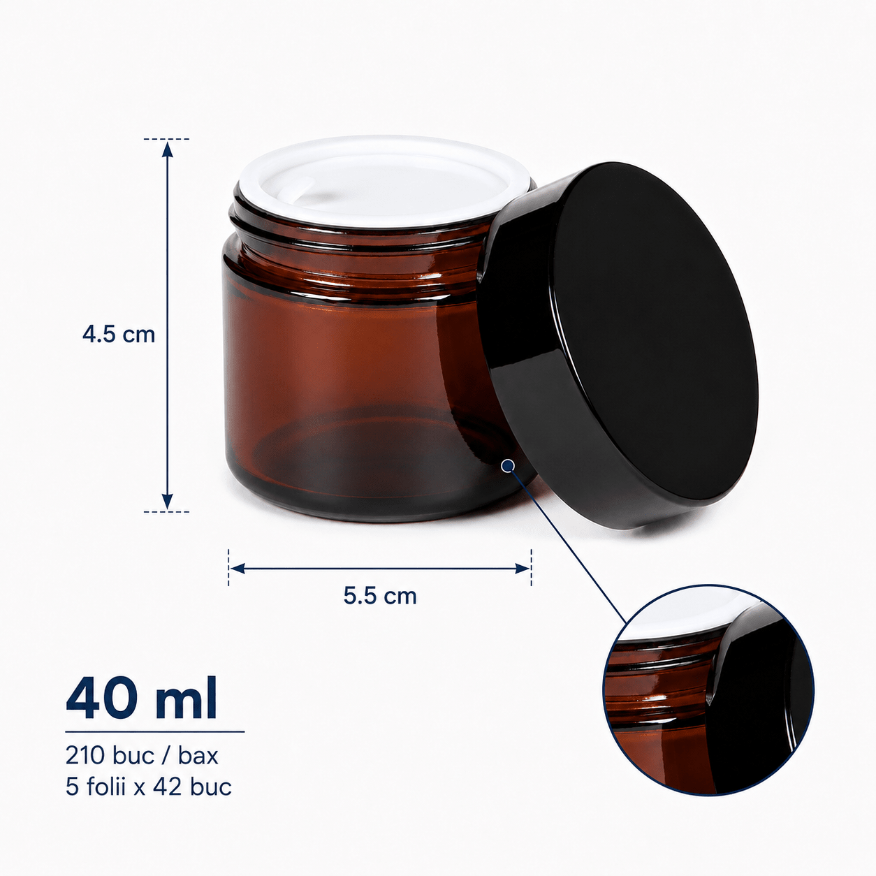 Borcan rotund ambră cu capac negru 40ml - CraftUp