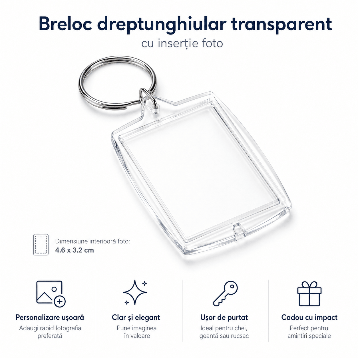 Breloc dreptunghiular transparent inserție foto 5,5x4cm - CraftUp