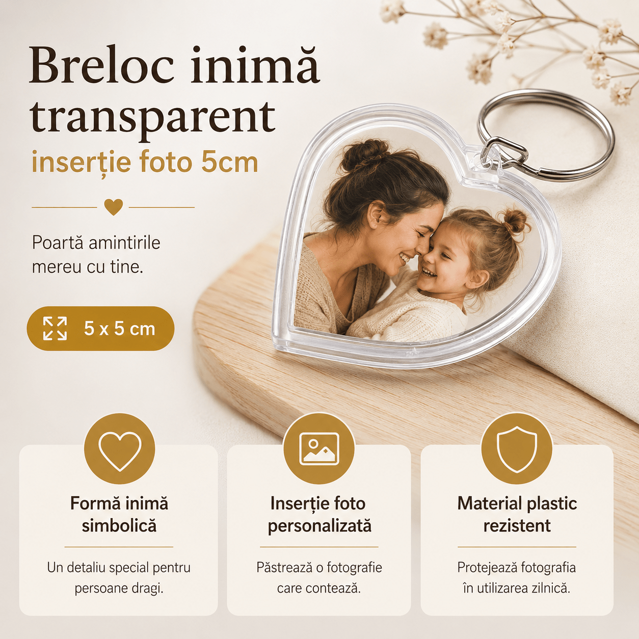 Breloc inimă transparent inserție foto 5cm - CraftUp