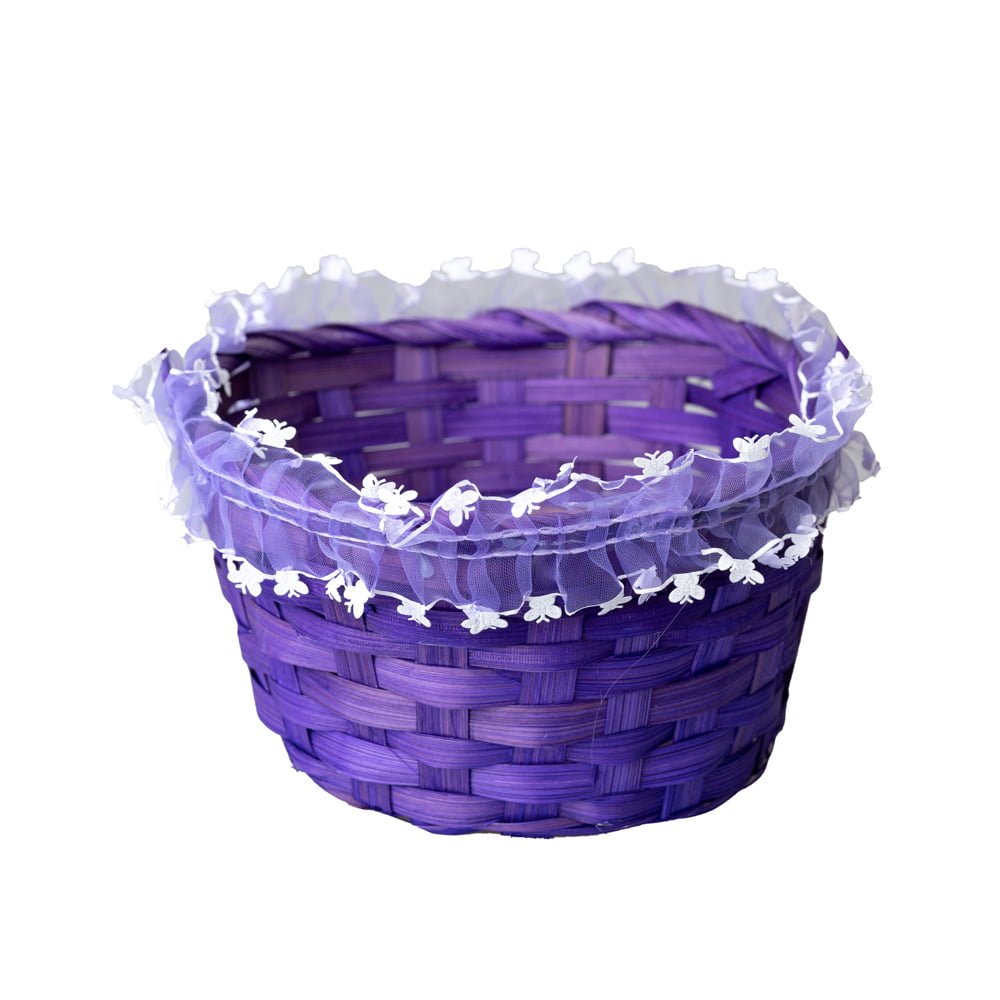 Coșuleț mediu ratan rotund cu mâner și dantelă 18x10cm - mov - CraftUp