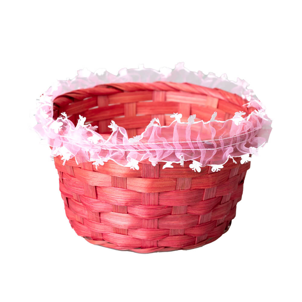Coșuleț mediu ratan rotund cu mâner și dantelă 18x10cm - roz - CraftUp