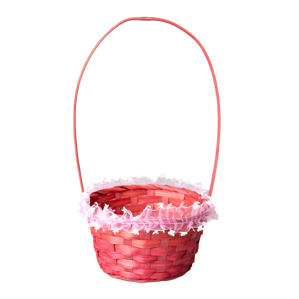 Coșuleț mediu ratan rotund cu mâner și dantelă 18x10cm - roz - CraftUp