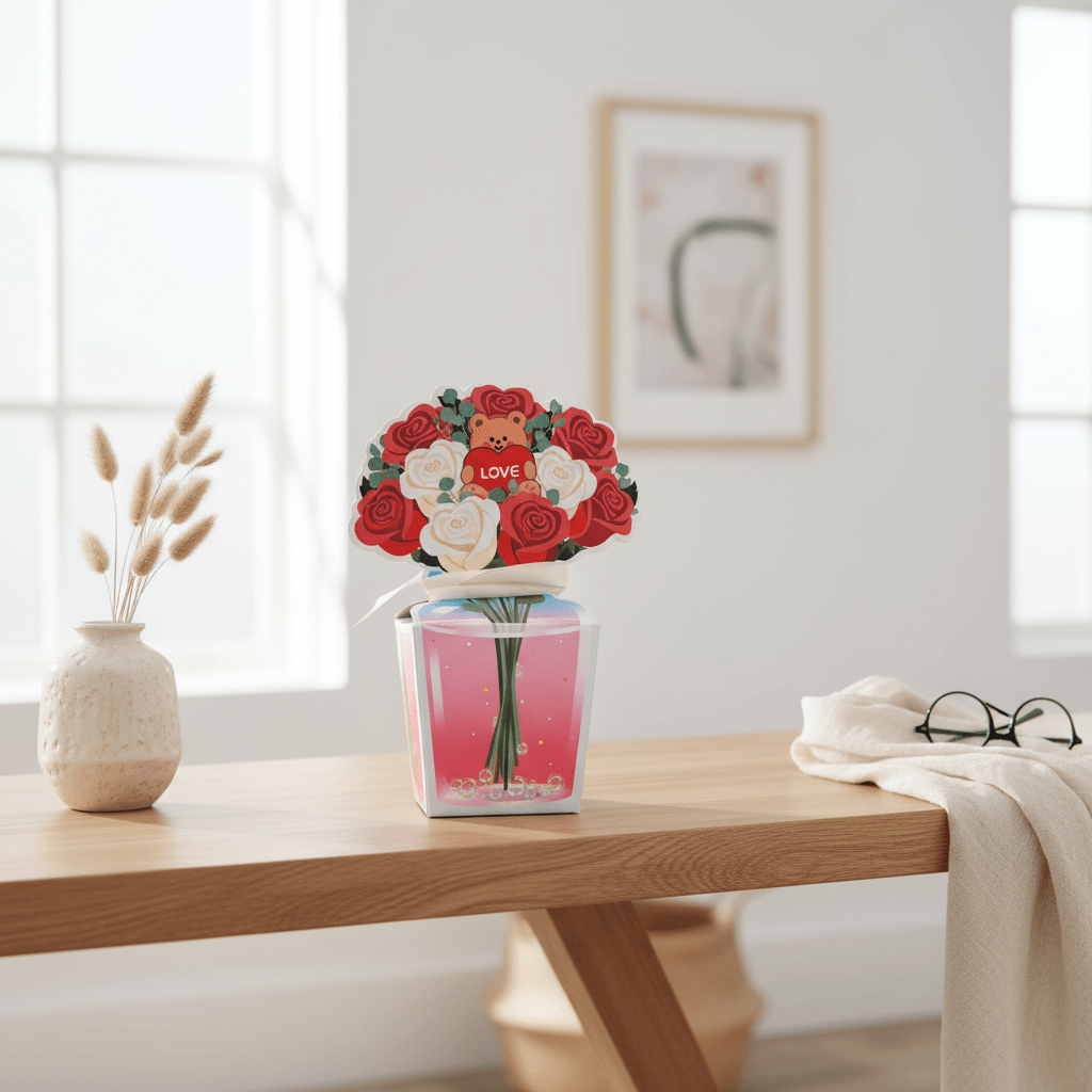 Cutie cadou buchet trandafiri cu ursuleț (set 10 buc) - CraftUp