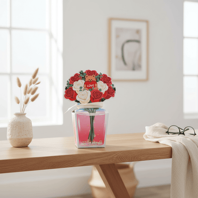 Cutie cadou buchet trandafiri cu ursuleț (set 10 buc) - CraftUp