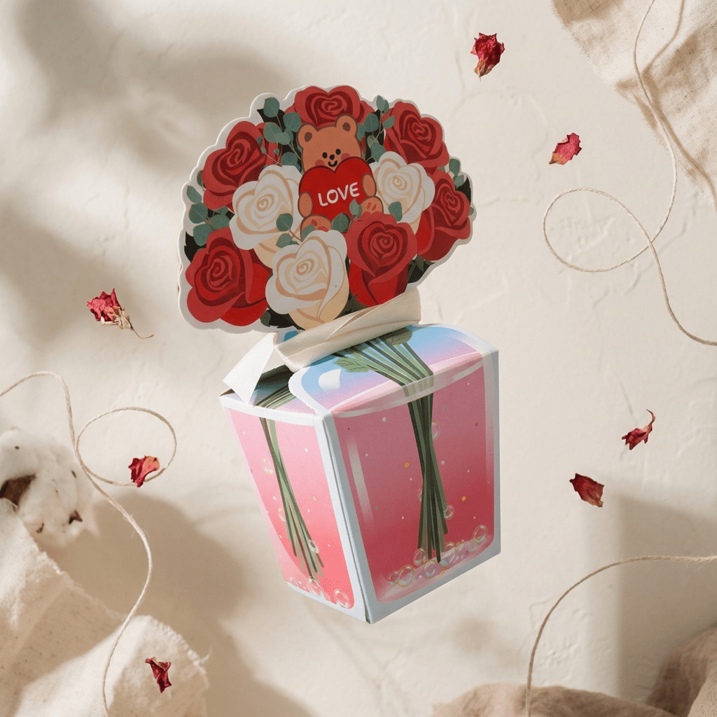Cutie cadou buchet trandafiri cu ursuleț (set 10 buc) - CraftUp