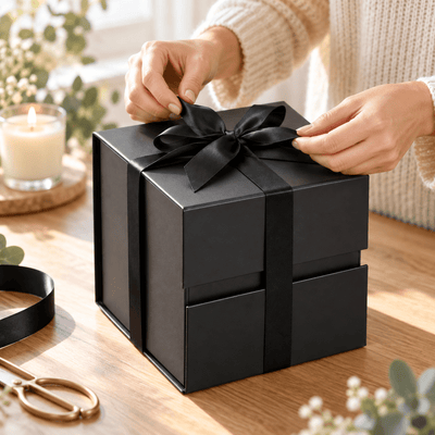 Cutie cadou cub magnetică pliabilă cu fundă - negru - CraftUp