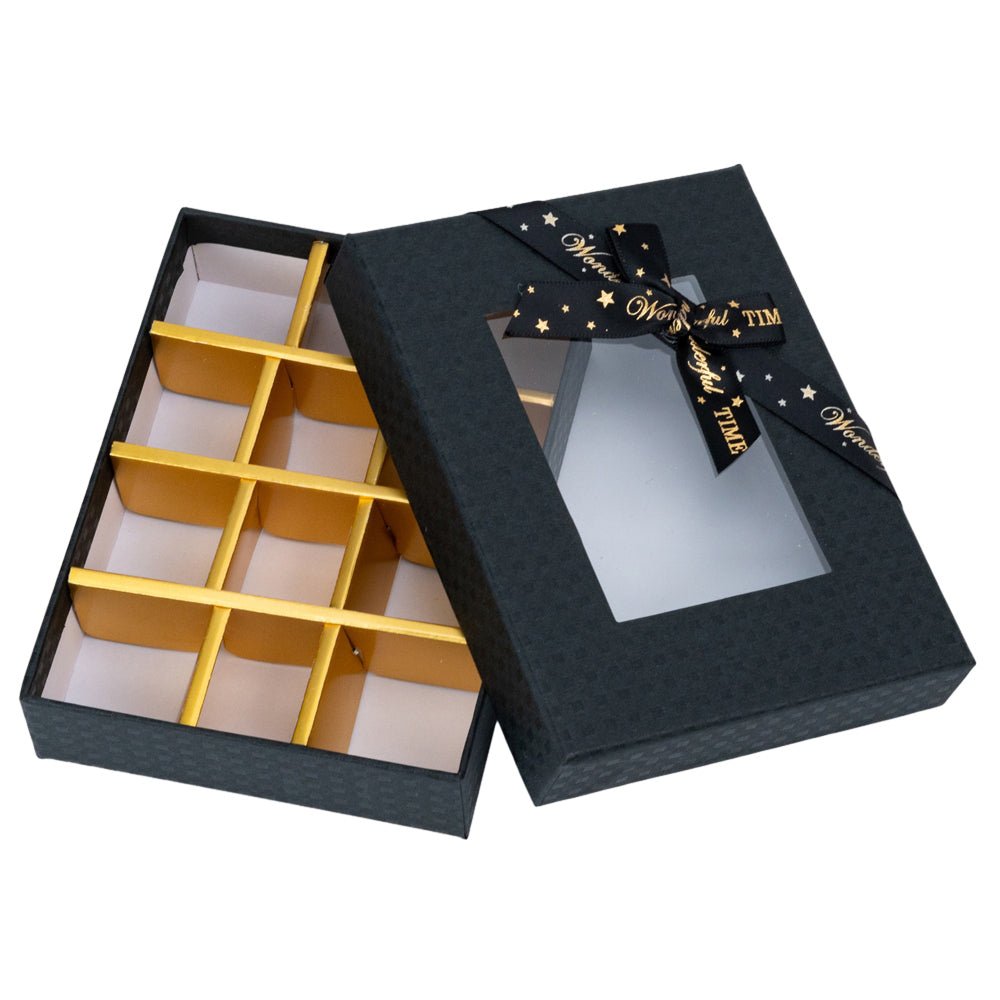 Cutie cadou din hârtie cu 12 compartimente, fereastră și panglică - negru (set 2 buc) - 16x12x4cm - CraftUp
