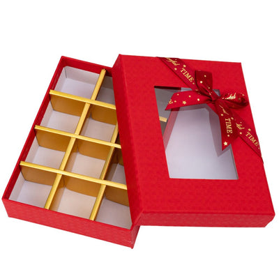Cutie cadou din hârtie cu 12 compartimente, fereastră și panglică - roșu (set 2 buc) - 16x12x4cm - CraftUp