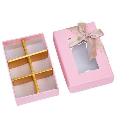 Cutie cadou din hârtie cu 6 compartimente, fereastră și panglică - roz (set 6 buc) - 9x6x4cm - CraftUp