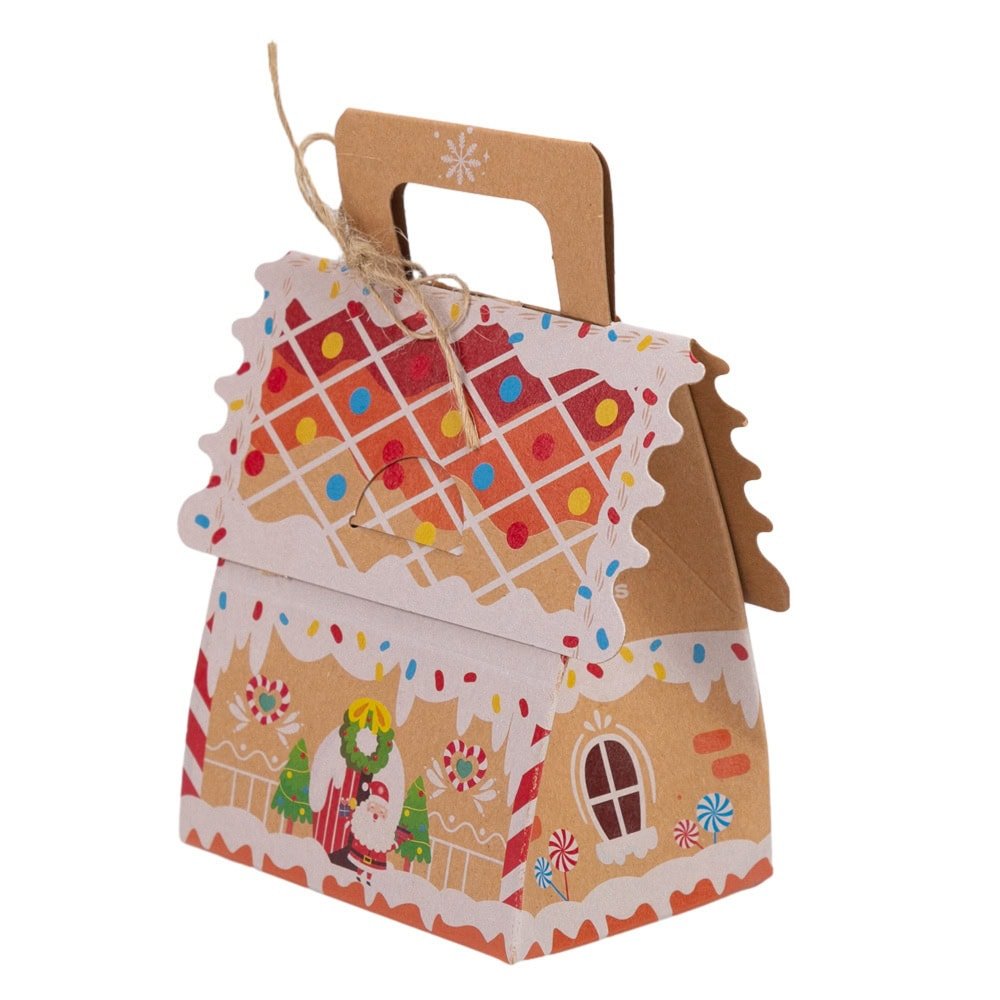 Cutie căsuță de Crăciun cu mâner sfoară și etichetă - kraft (set 25 buc) - CraftUp