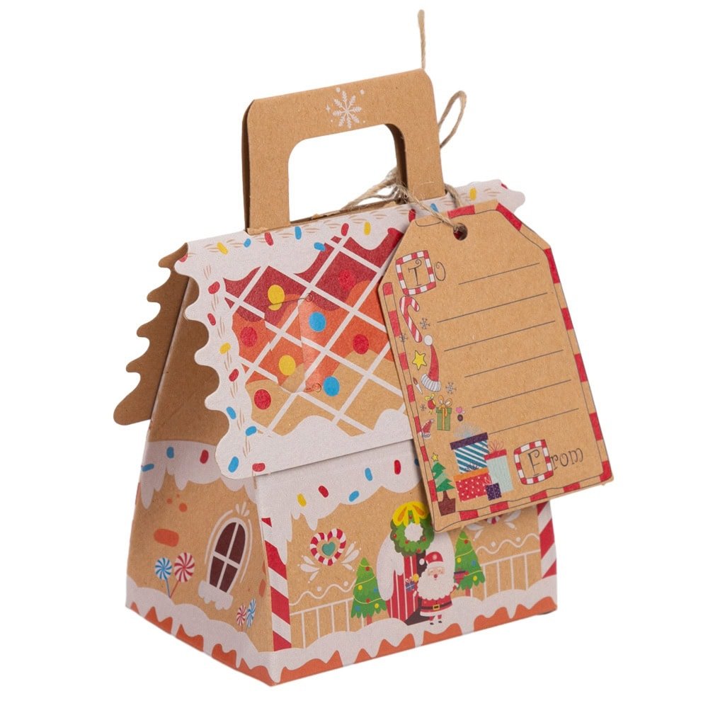 Cutie căsuță de Crăciun cu mâner sfoară și etichetă - kraft (set 25 buc) - CraftUp