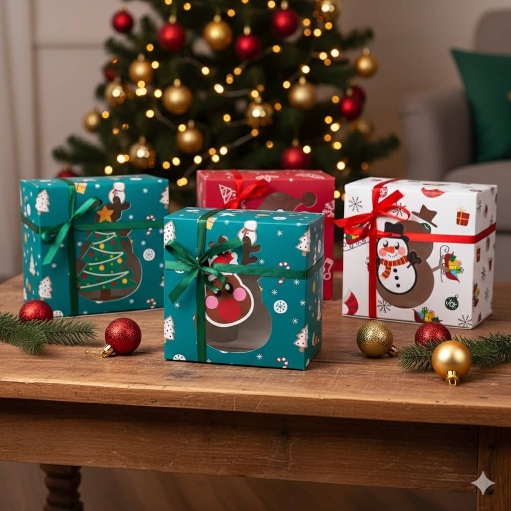 Cutie Crăciun cu panglică, fereastră și 4 compartimente - mix 4 modele (set 12 buc) - CraftUp