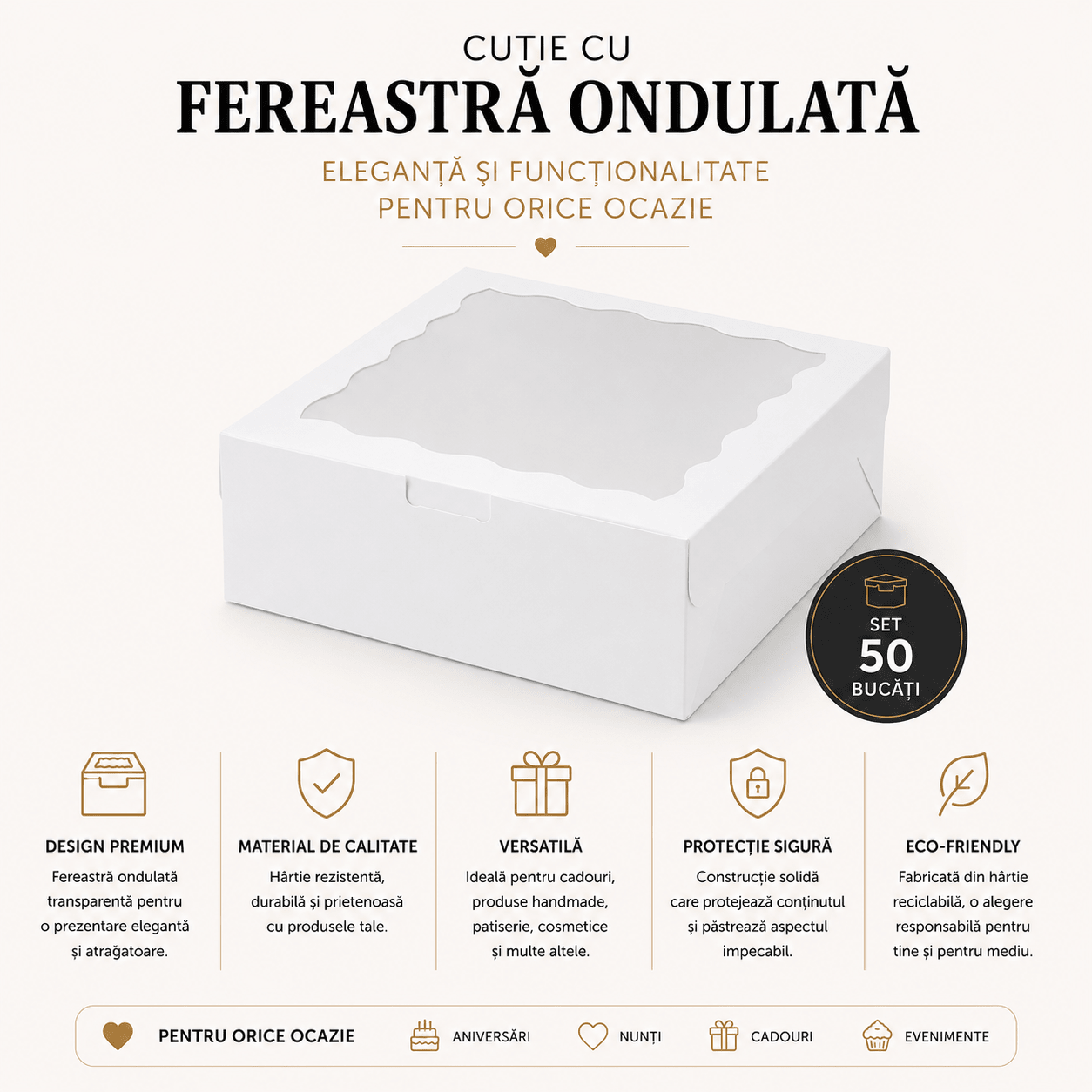 Cutie cu fereastră ondulată transparentă - alb (set 50 buc) - CraftUp