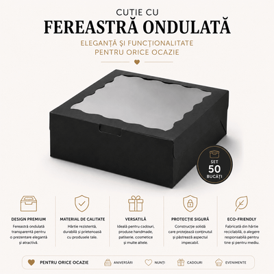 Cutie cu fereastră ondulată transparentă - negru (set 50 buc) - CraftUp