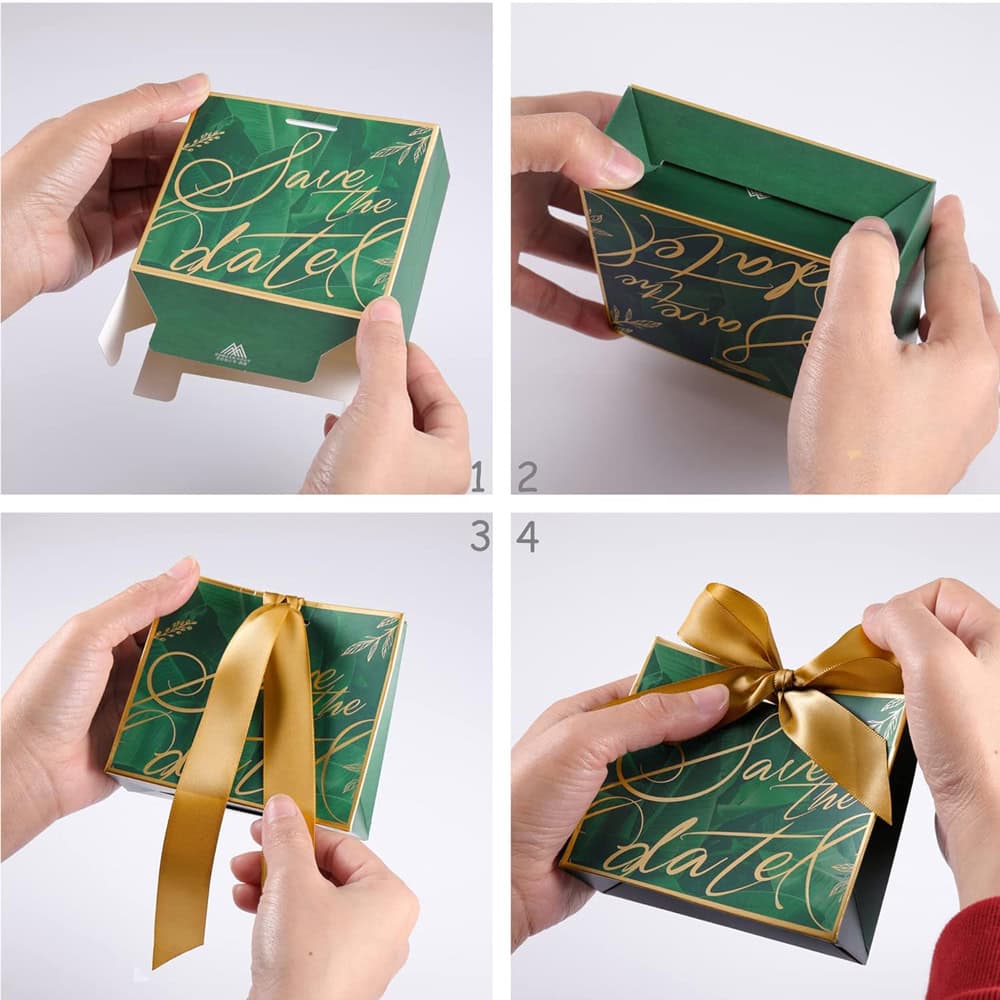 Cutie cu fundă satinată și mesaj Save the date - verde (set 50 buc) - CraftUp