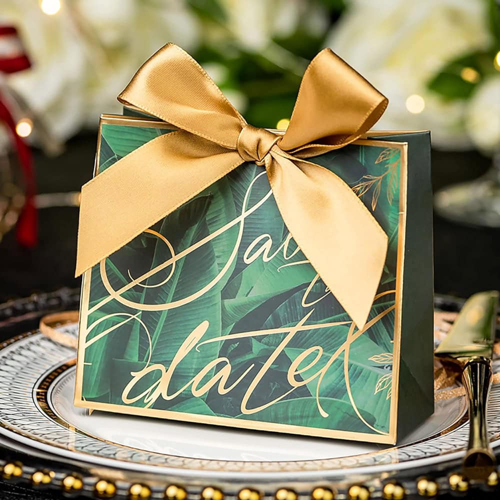 Cutie cu fundă satinată și mesaj Save the date - verde (set 50 buc) - CraftUp