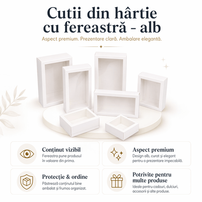 Cutie din hârtie cu fereastră transparentă - alb (set 50 buc) - CraftUp