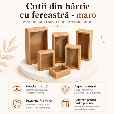 Cutie din hârtie cu fereastră transparentă - kraft (set 50 buc) - CraftUp