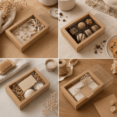 Cutie din hârtie cu fereastră transparentă - kraft (set 50 buc) - CraftUp