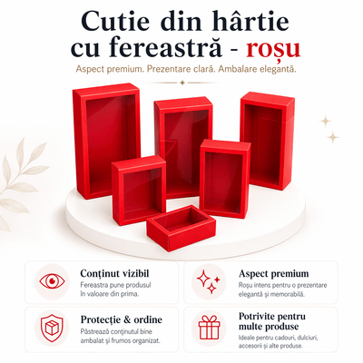 Cutie din hârtie cu fereastră transparentă - roșu (set 50 buc) - CraftUp