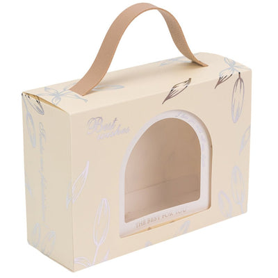 Cutie dreptunghiulară cu fereastră arcadă și mâner din piele - alb (set 50 buc) 17x6x12cm - CraftUp