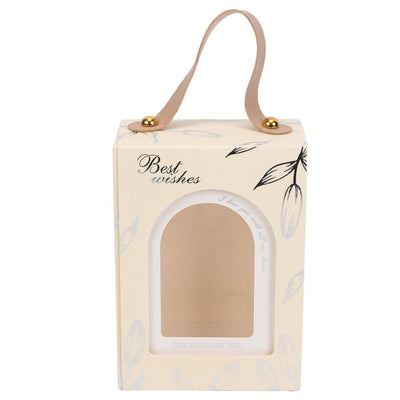 Cutie dreptunghiulară cu fereastră arcadă și mâner din piele - alb (set 50 buc) 8.8x4.8x12.5cm - CraftUp