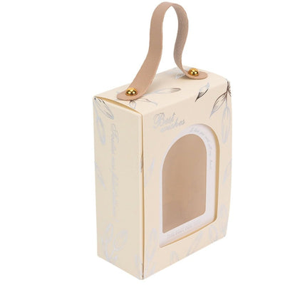 Cutie dreptunghiulară cu fereastră arcadă și mâner din piele - alb (set 50 buc) 8.8x4.8x12.5cm - CraftUp