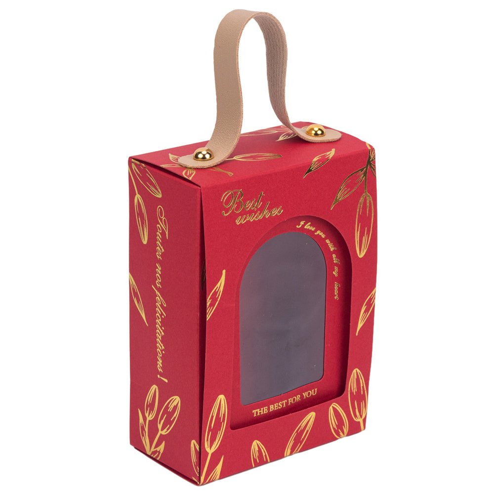 Cutie dreptunghiulară cu fereastră arcadă și mâner din piele - roșu (set 50 buc) 8.8x4.8x12.5cm - CraftUp