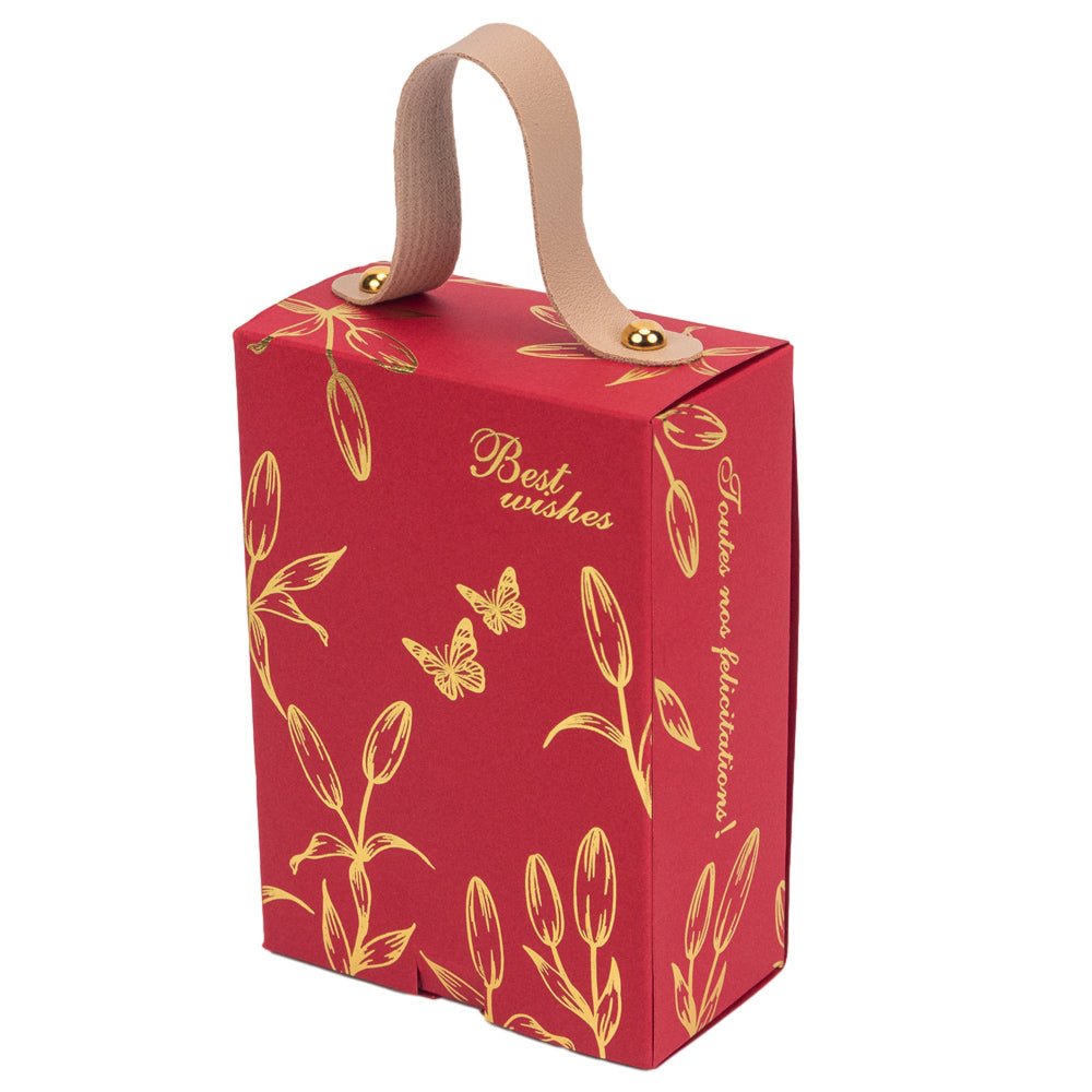 Cutie dreptunghiulară cu fereastră arcadă și mâner din piele - roșu (set 50 buc) 8.8x4.8x12.5cm - CraftUp