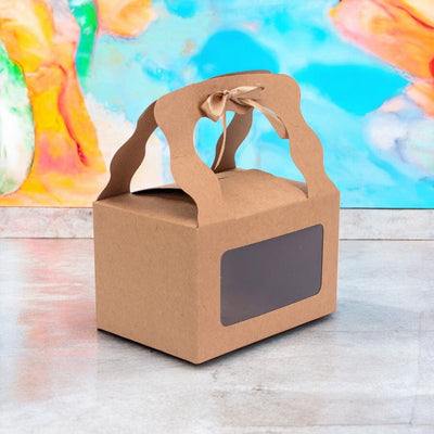 Cutie dreptunghiulară cu fereastră mâner ondulat și panglică - kraft (set 12 buc) - 15x10.5x9.6cm - CraftUp