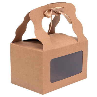 Cutie dreptunghiulară cu fereastră mâner ondulat și panglică - kraft (set 12 buc) - 15x10.5x9.6cm - CraftUp