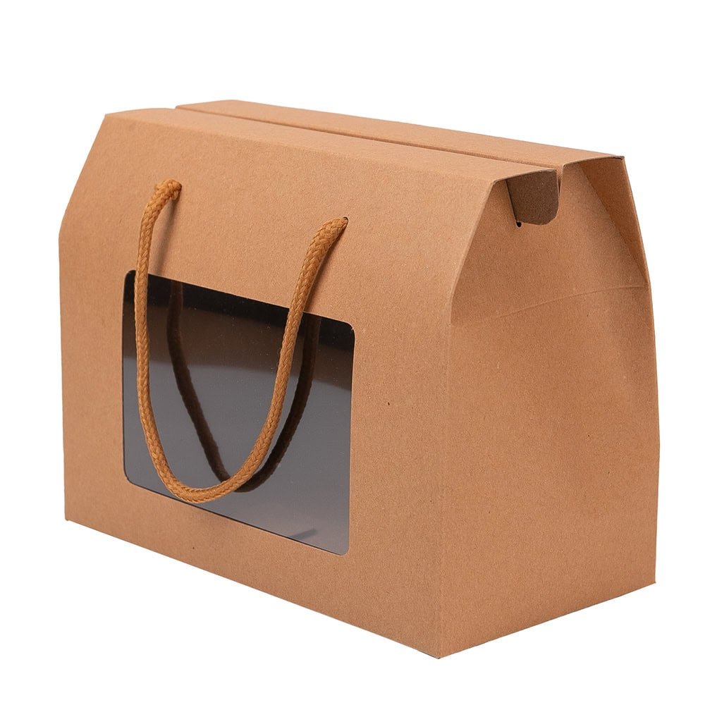 Cutie dreptunghiulară cu fereastră și mâner din sfoară - kraft (set 12 buc) - CraftUp