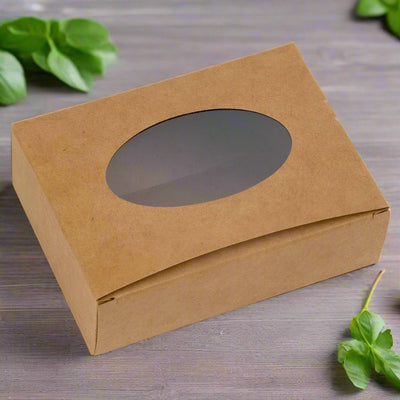 Cutie dreptunghiulară din hârtie cu fereastră ovală - kraft (set 50 buc) 9.6x3x7cm - CraftUp