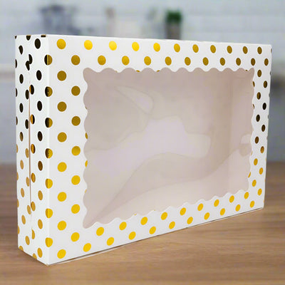 Cutie dreptunghiulară din hârtie cu model buline și fereastră - alb (set 25 buc) 30x20x6cm - CraftUp