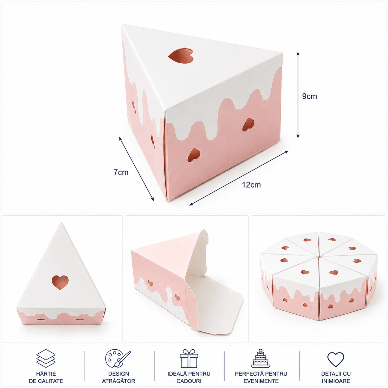 Cutie felie de tort cu inimioare - roz (set 8 buc) - CraftUp