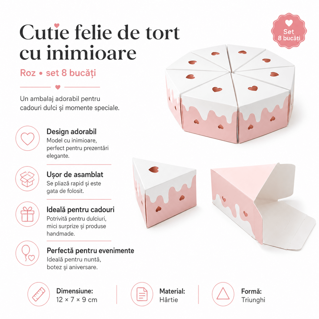 Cutie felie de tort cu inimioare - roz (set 8 buc) - CraftUp