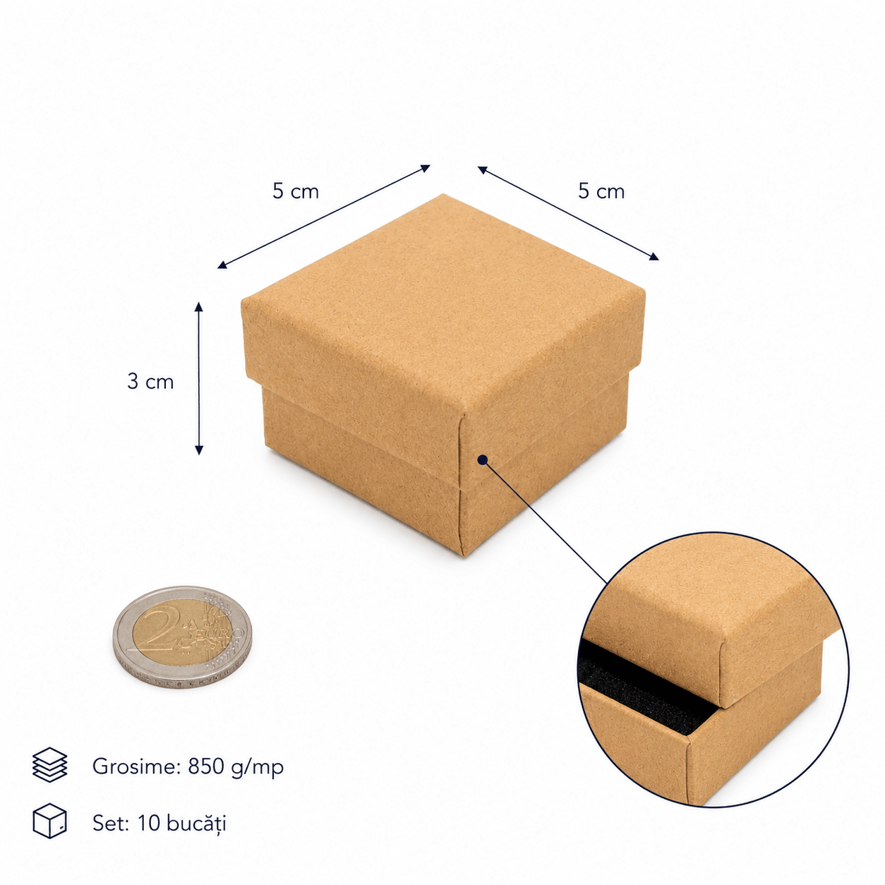 Cutie hârtie kraft pentru bijuterii cu suport negru în interior (set 10 buc) - CraftUp