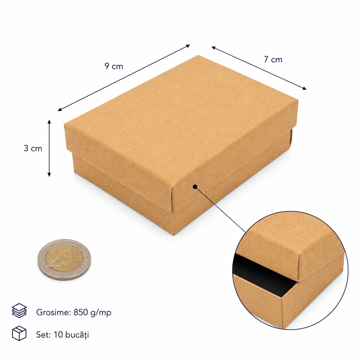 Cutie hârtie kraft pentru bijuterii cu suport negru în interior (set 10 buc) - CraftUp
