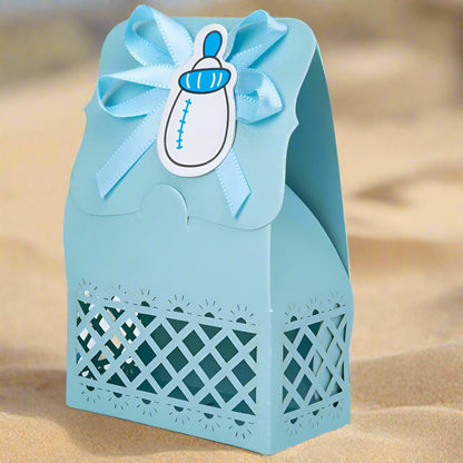 Cutie hârtie model Baby Shower cu panglică - albastru (set 12 buc) - 6.4x3.5x10.2cm - CraftUp