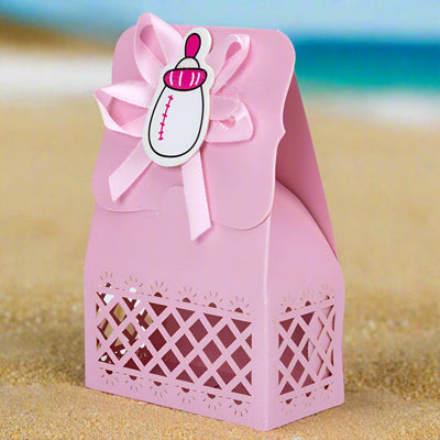 Cutie hârtie model Baby Shower cu panglică - roz (set 12 buc) - 6.4x3.5x10.2cm - CraftUp