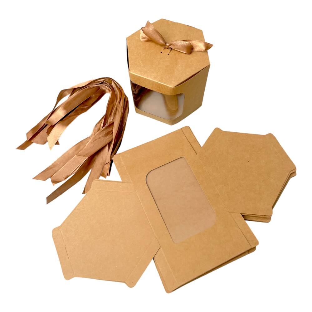Cutie hexagonală cu fereastră și panglică - kraft (set 12 buc) - CraftUp