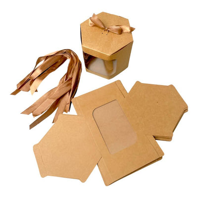 Cutie hexagonală cu fereastră și panglică - kraft (set 12 buc) - CraftUp